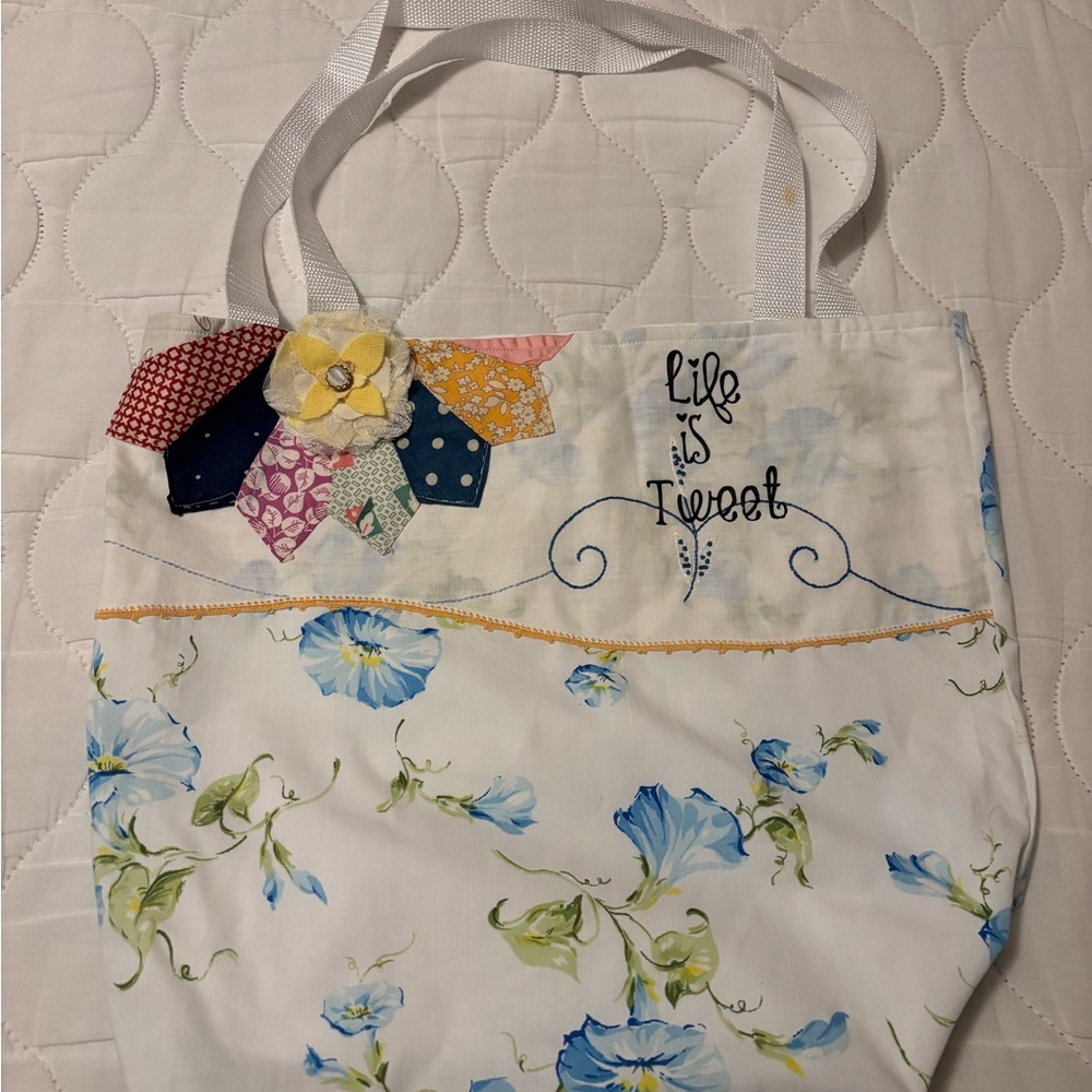Vintage Linen Embroidered Floral Tote Bag - Cream and Yellow